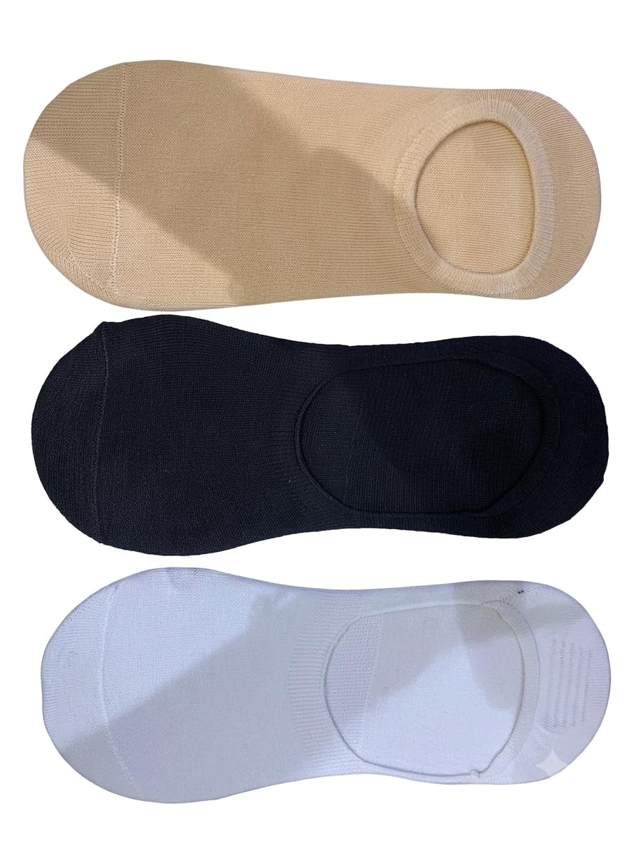 No Show Socks Pack of 3, White Black & Nude-image-36