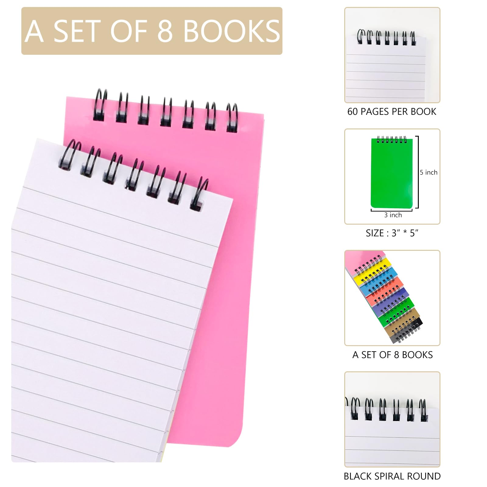 KTOJOY 8 Pack Pocket Notebook Small 3x5 Spiral Notepads With Lined Pages, Small Top Spiral Notebook Little Mini Memo Steno Note Pads for Outdoor Home Office College School - Image 4