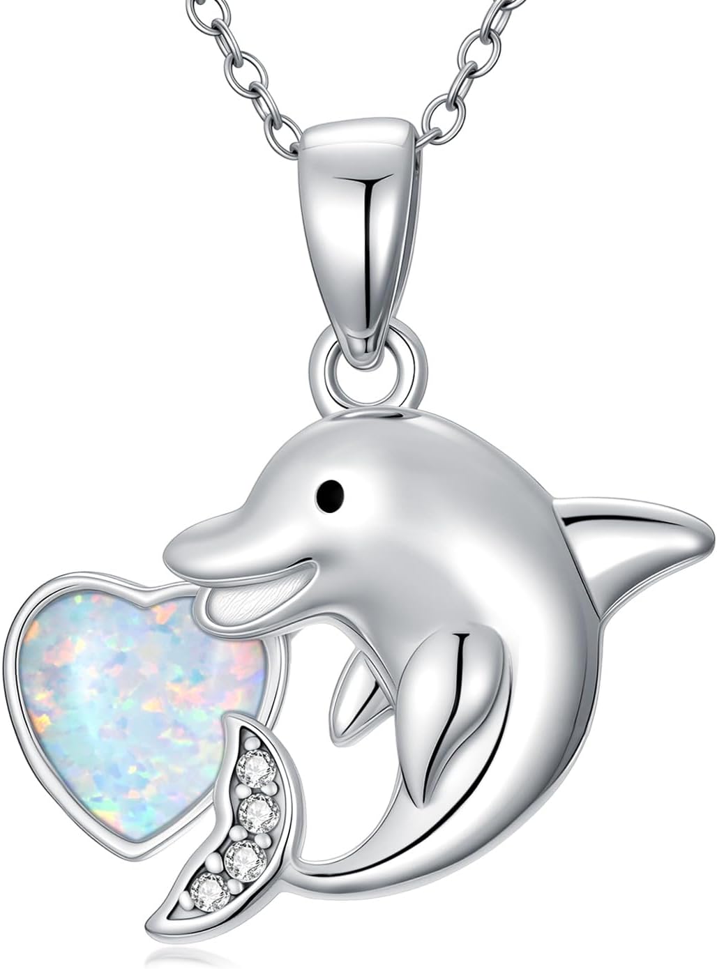 925 Sterling Silver Dolphin Necklace with Heart Opal for Women Diamond Dolphin Pendant Necklace for Mother Wife