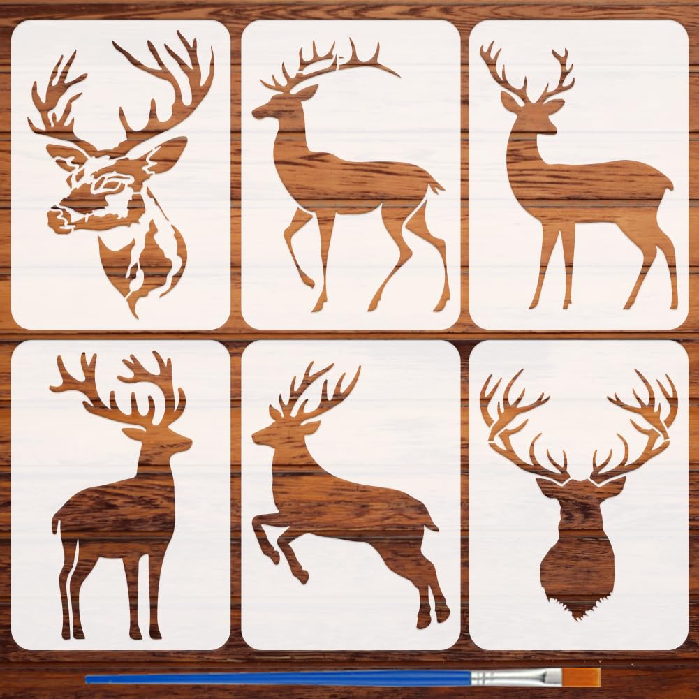 FINGERINSPIRE 6 Pcs Deer Head Painting Stencil with Brush 21x29.7cm Deer Silhouette Pattern Drawing Template Animal Theme DIY Decoration Stencil for Painting on Wood Wall Fabric Furniture