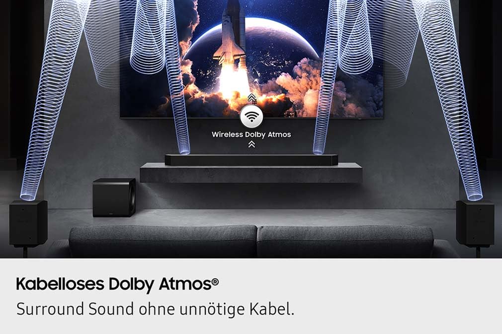 Samsung HW-Q995GF Q-Series 11.1.4-Kanal-Soundbar für Fernseher, Kabelloser 8"-Dual-Subwoofer, 4.0.2-Kanal-Rücklautsprecher, Kabelloses Dolby Atmos und DTS:X, SpaceFit Sound Pro, Q-Symphony