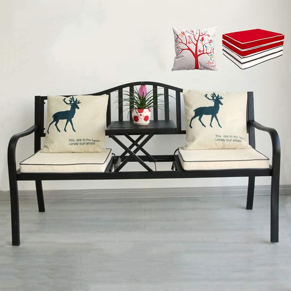 60in Park Terrace Bench Cast Iron Garden Bench Outdoor Leisure Benches with Middle Table Weatherproof and Long-Life Retro Metal Bench 2-Person Bench (Blue) (Black)