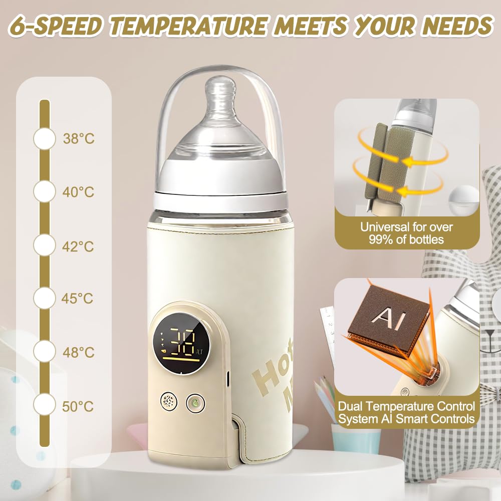 NAVESO Scaldabiberon Portatile per Mantenere la Temperatura, Scaldabiberon Baby USB con 6 Livelli di Temperatura Regolabili, Scaldabiberon Portatile Senza Fili per Latte Materno o Artificiale