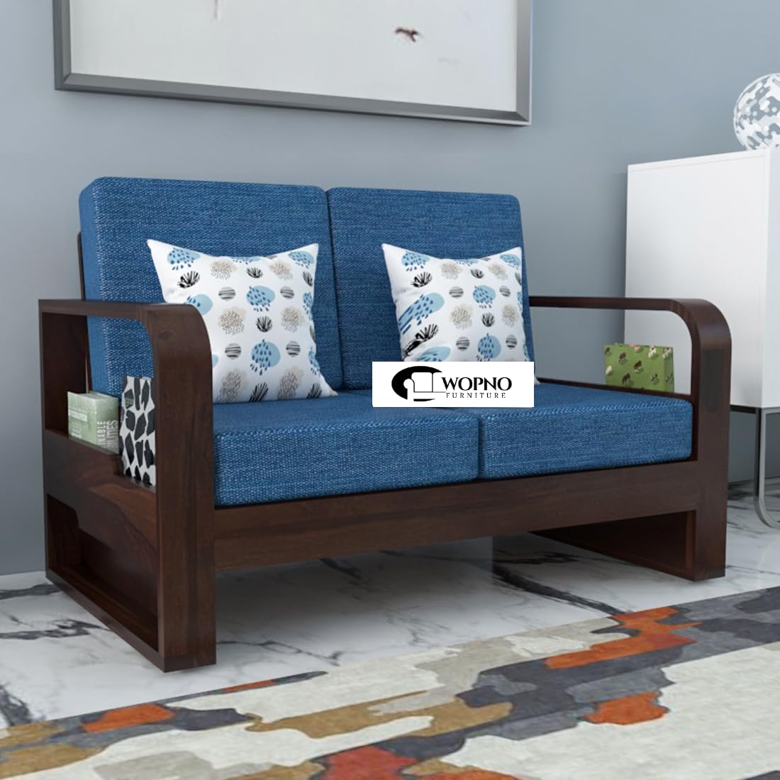 Solid Sheesham Wooden 2 Seater Sofa for Living Room | Sofa with Side Pocket Storage & Cushion | Rosewood Sofa Set for Home (Walnut with Blue Cushion, 2 Seater)-image-46
