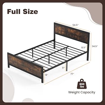 Nightcore Full Metal Platform Bed Frame with Headboard & Footboard, Heavy-Duty Slat Support, 11 Under-Bed Clearance, No Box Spring Needed, Quick Assembly (Full)