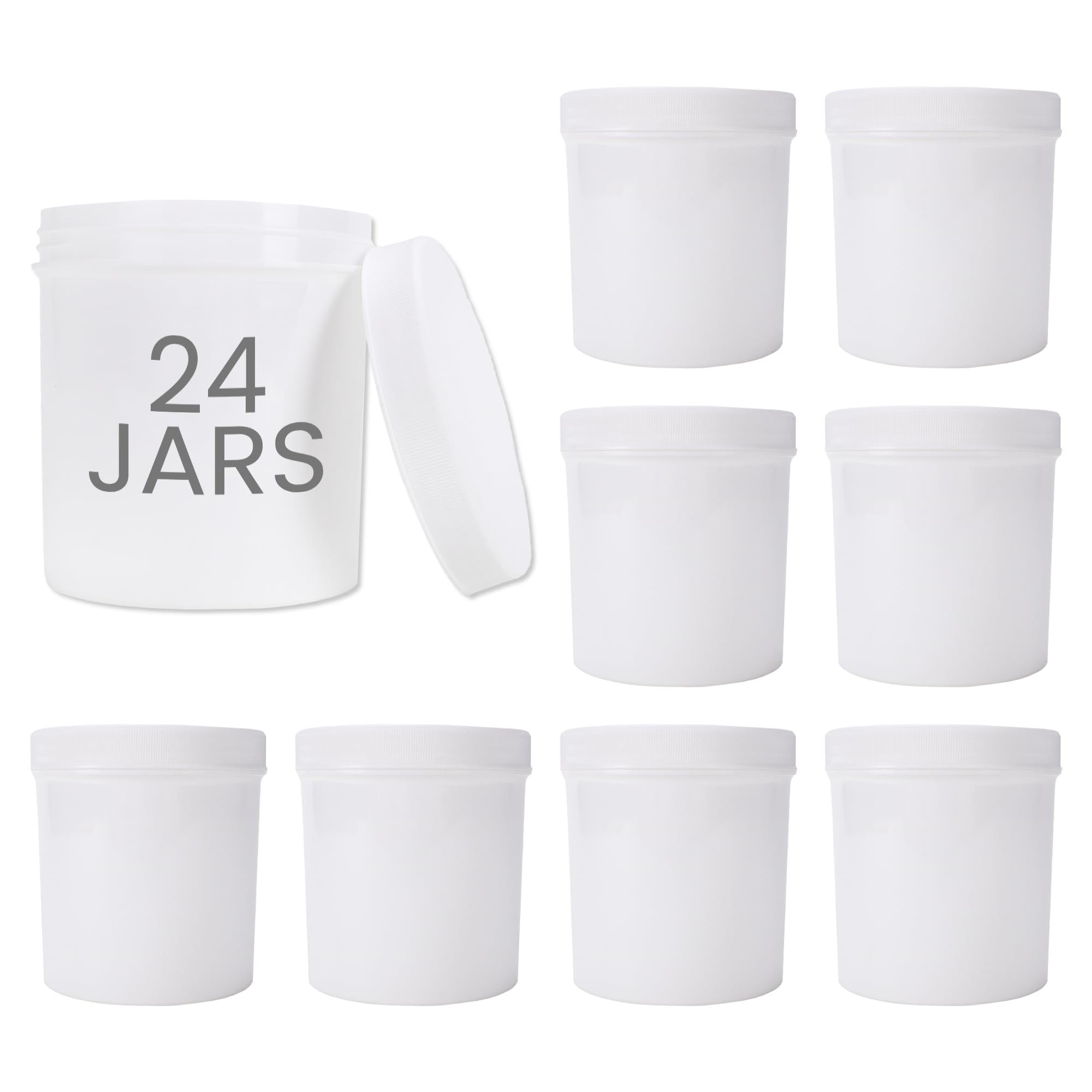 (16 OZ) 24 Pack Round Plastic Jars with Lids, White Discreet Container, for Cosmetic, Lotion, Ointments, Slime, Travel, Samples, and Makeup