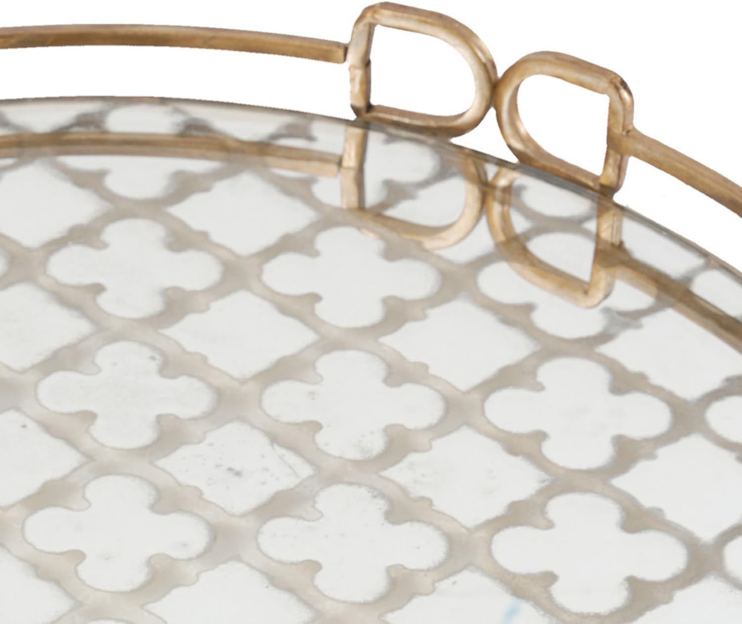 Elegante Bandeja Decorativa Art Nouveau De 45 Cm con Base De Cristal Y Marco Geométrico Dorado: Una Elegante Bandeja Redonda para Servir, Ideal para La Decoración del Hogar O como Centro De Mesa.
