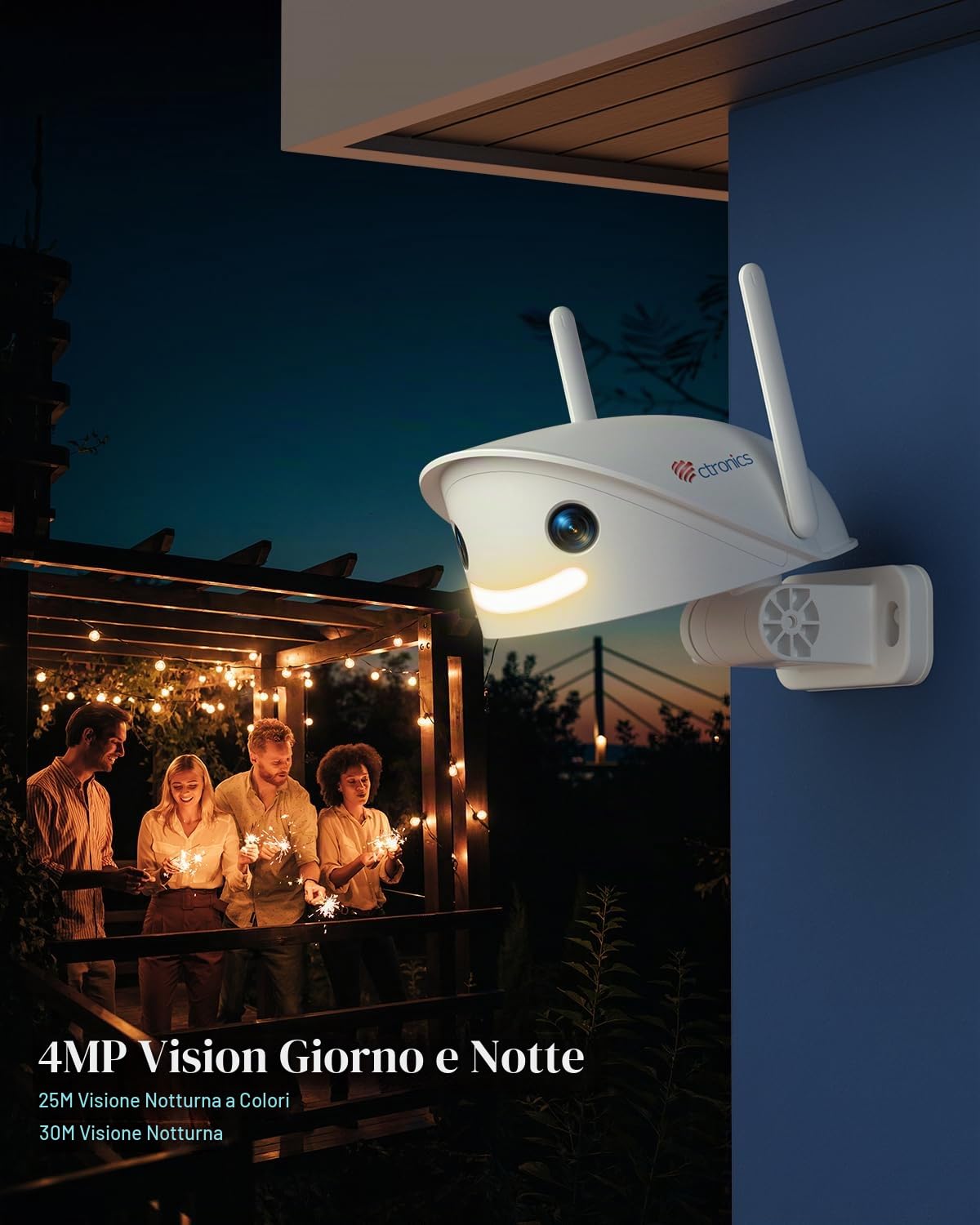 Ctronics 2.5K 4MP Telecamera WiFi Esterno con Angolo Ultra-ampio di 180°, Doppio Obiettivo Videocamera Sorveglianza Wi-Fi 2.4/5 GHz, Rilevamento di Persone/Veicoli/Animale, Visione Notturna a Colori | Angolo Ultra-ampio di 180°, Wi-Fi 2.4/5 GHz, Rilevamen