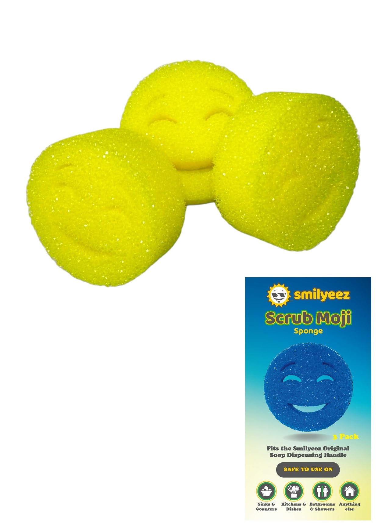Scrub Moji Scrubbing Sponge (Set of 3) – (Yellow) - Scrub Sponge Made with Temperature-Responsive Polymer Foam – Stain and Odor-Resistant Kitchen Sponges and Scrubbers – Bathroom Scrubber...