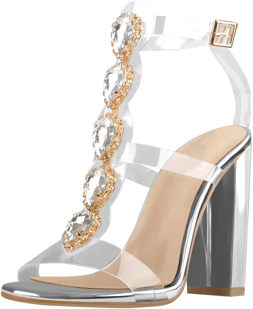 Yolkomo Women's Clear Strappy Rhinestones Gladiator Heels T-Strap Chunky Sandals - Image 5