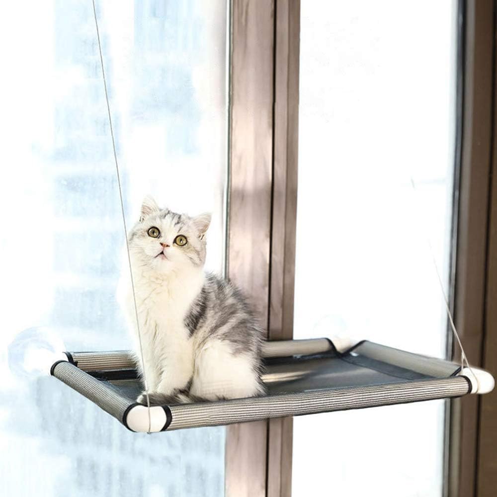 BesWlz Cat Window Hammock,Cat Window Perch Suction Hanging Pet Window Seat with Kitty Feather Toy Grid Safety Breathable and Sturdy Up…