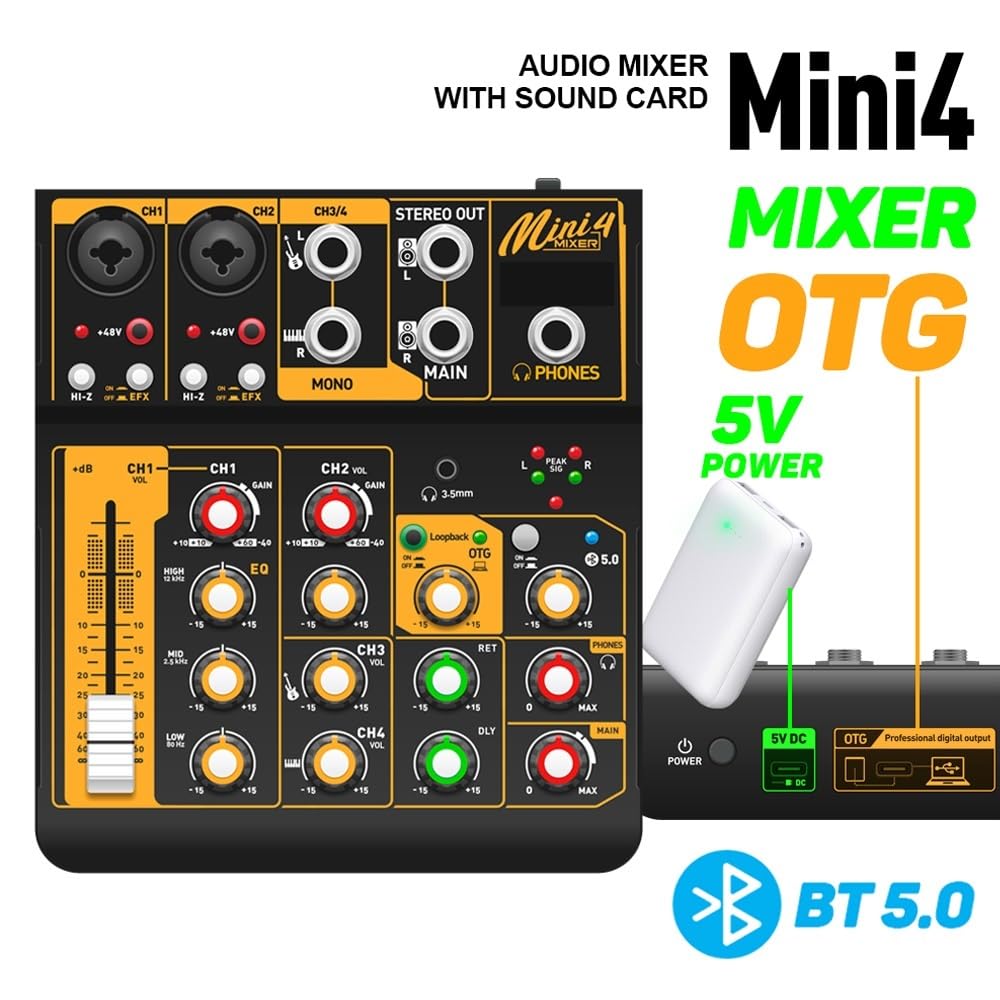 Mixer Audio, Mixer Mini4 a 4 canali, mixer audio con corpo in metallo Scheda Bluetooth 5.0 OTG Reverb 48V