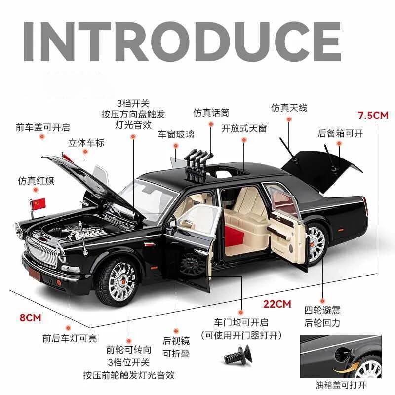 Image of 1:24 HONGQI L5 Military Parade Car Model | Diecast Metal Toy Car with Pull Back Action, Sound & Light | Openable Doors | Premium Vintage Sedan for Kids & Collectors