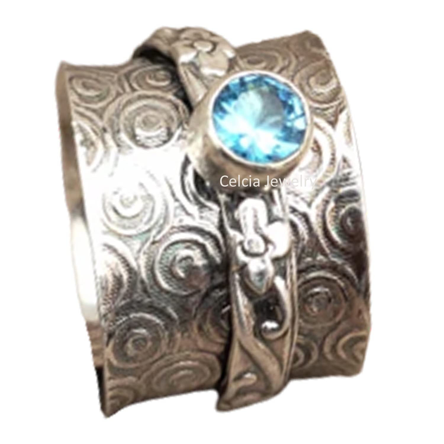Anillo giratorio de plata facetado con piedra preciosa redonda de topacio azul para meditación y ansiedad