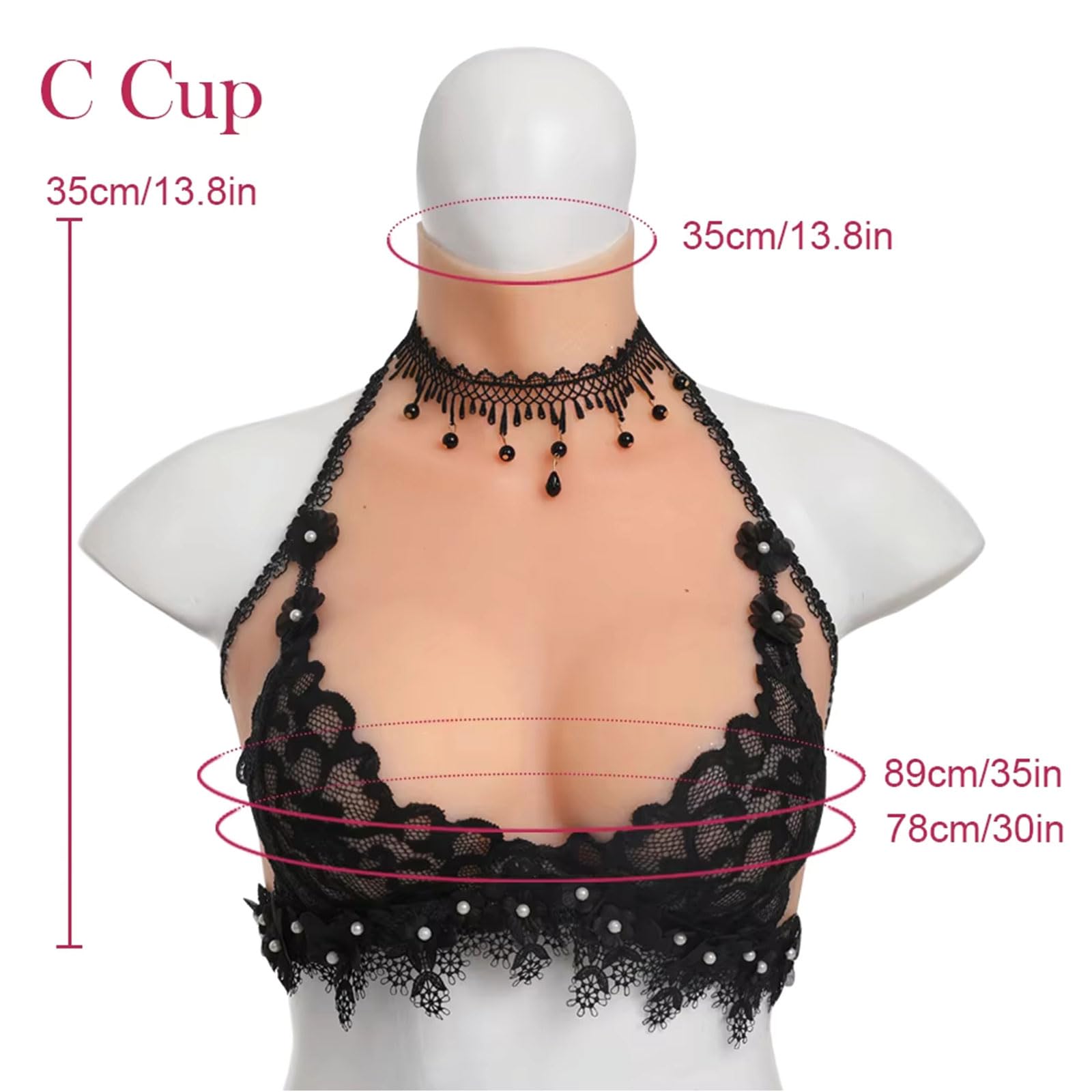 XSWL Reggiseno in Pizzo Nero con Protesi mammaria Silicone Coppa C | Protesi mammaria morbida in silicone coppa C con pizzo nero e bottoni, ideale per uso quotidiano dopo mastectomia