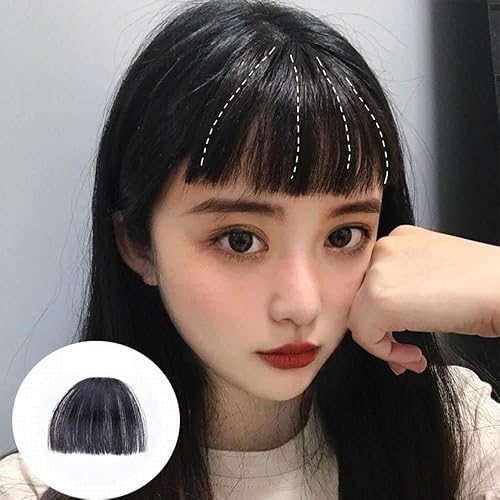 Miniatura 4 de Flequillo falso, 1 pieza, clip de flequillo, flequillo sintético, extensión de pelo sintético, fleco falso con clip en fleco sintético corto (negro)