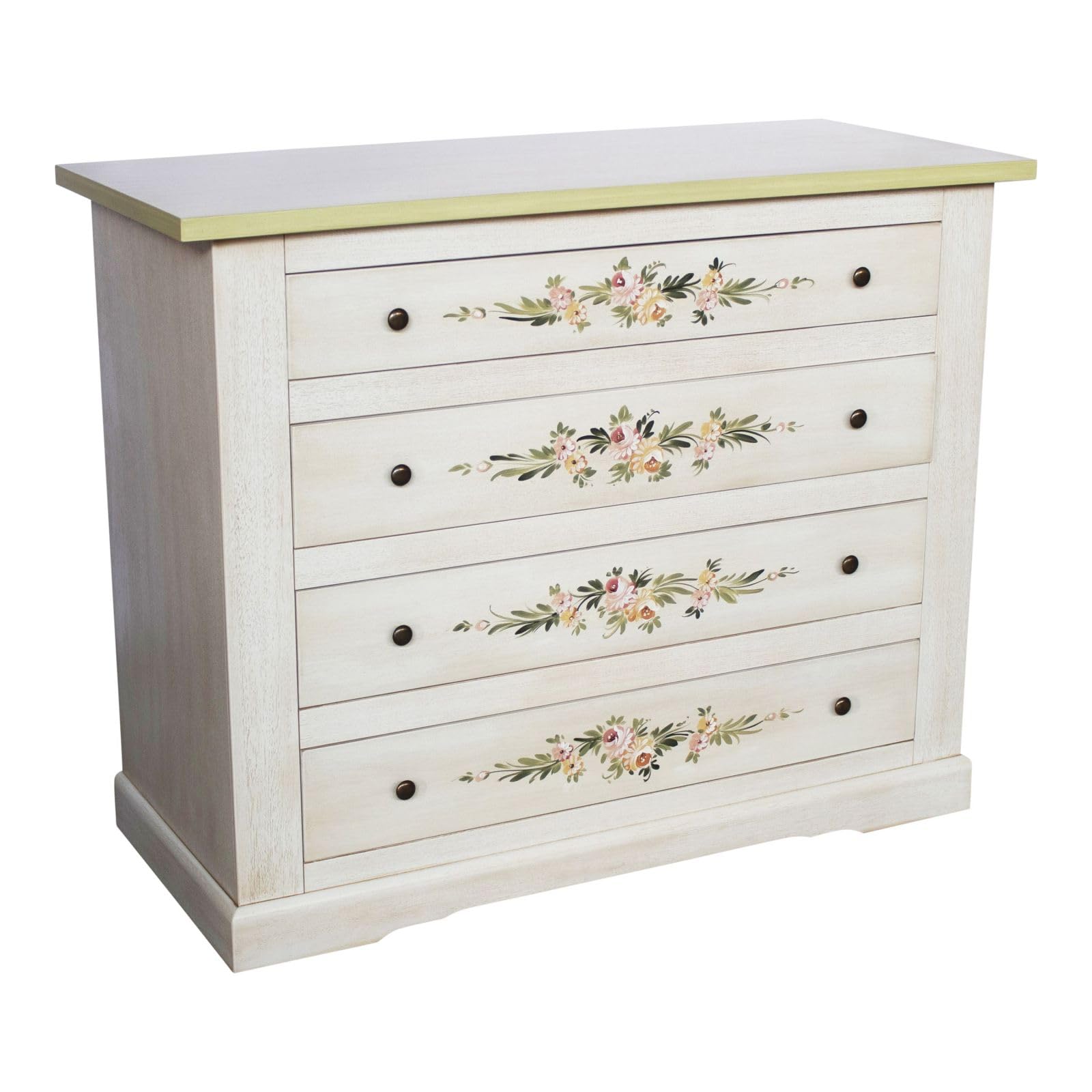 Vicentini arreda COMO' CASSETTIERA IN LEGNO SHABBY CHIC MOD TOSCANO BIANCO DECORATO A MANO FILO VERDE