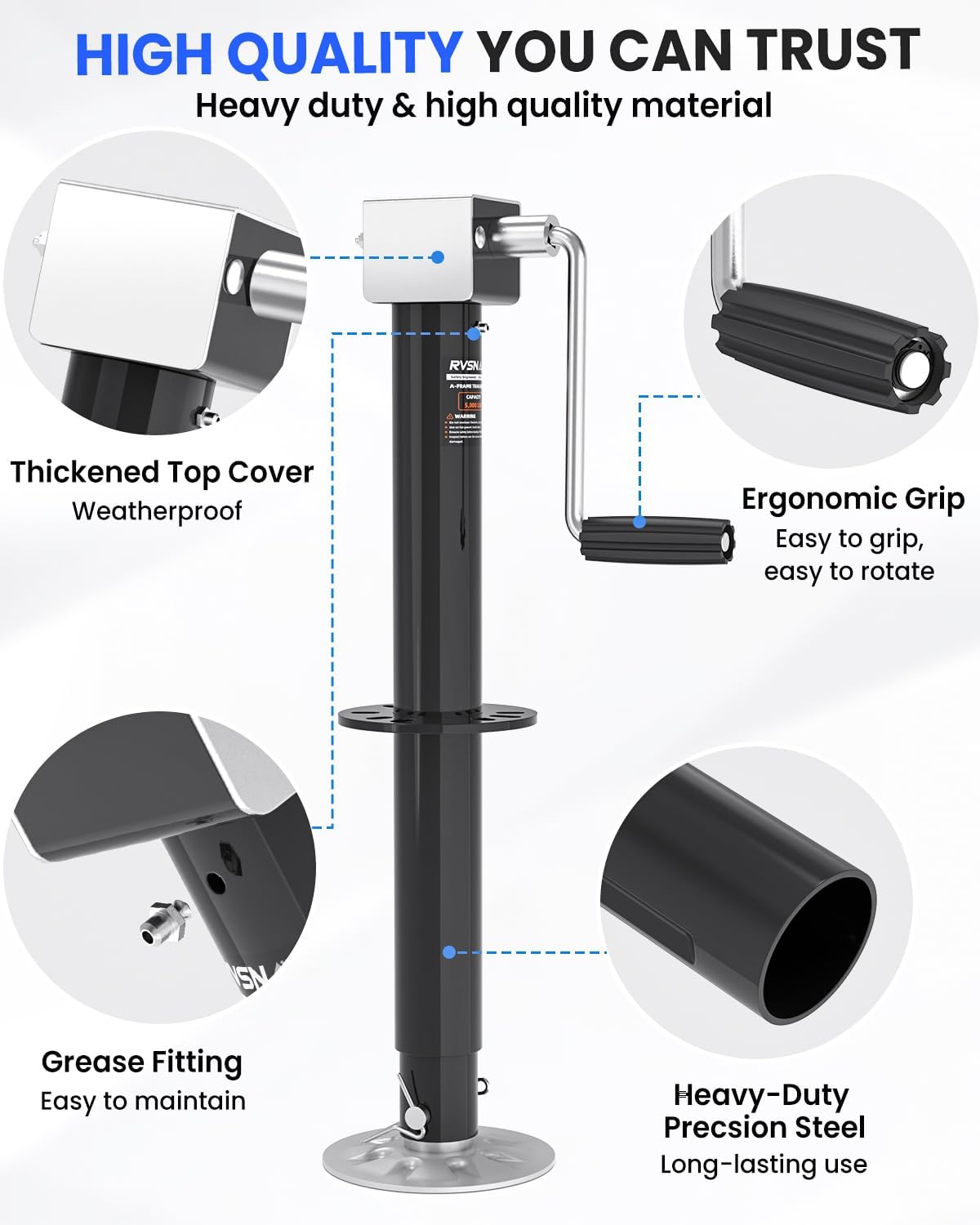 5000 lbs A-Frame Trailer Jack Heavy Duty, 26" Lift, 20-24V Cordless Drill Compatible, for RV, Boat, Yacht & Utility Trailers, with Manual Crank Handle & Weatherproof Cover, Black
