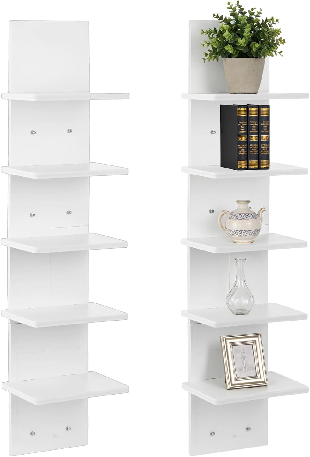 2PCS 5 Tiers Floating Wall Shelf, Small Vertical White Floating Shelf for Narrow Spaces, Modern Wall-Mounted Decorative Shelves for Bedroom Living Room, Lightweight Wood-Plastic
