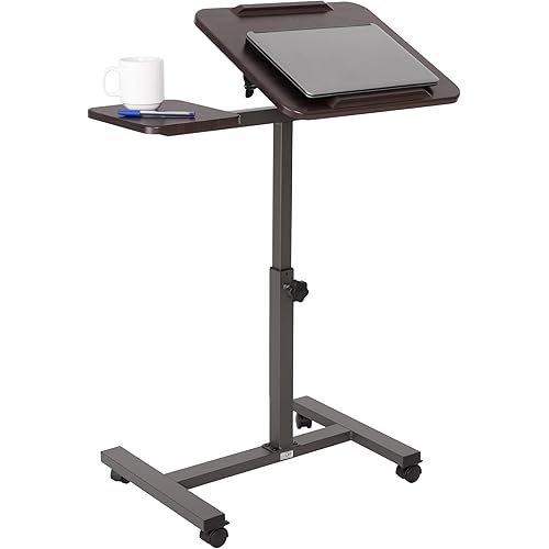 Seville Classics Airlift Height Adjustable Mobile Rolling Laptop Cart Computer Workstation Desk, Table for Home, Office, Classroom, Hospital, w/Wheels, Walnut, Tilt w/Side Table (28") (New Model)