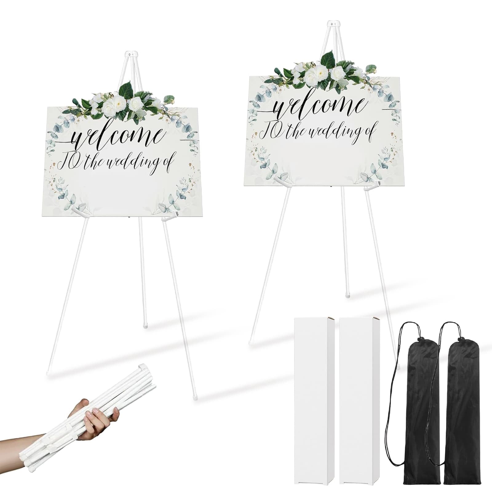Lot de 2 chevalets de présentation pour panneau de mariage, chevalet pliable et portable réglable en métal de 168 cm, chevalet blanc pour panneau de mariage avec sac pour panneau de mariage, affiche