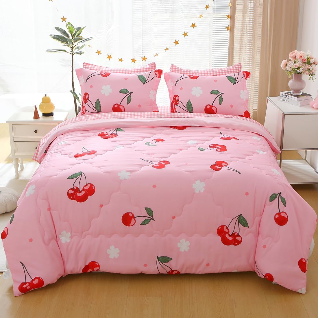 Girls Cherry Comforter Bedding Set Twin Size 7 Piece Pink Kawaii Oriental Cherry Comforter Set Bed in A Bag for Kids Teens All Season (Comforter,Flat Sheet,Fitted Sheet and Pillow Sham) - Image 6