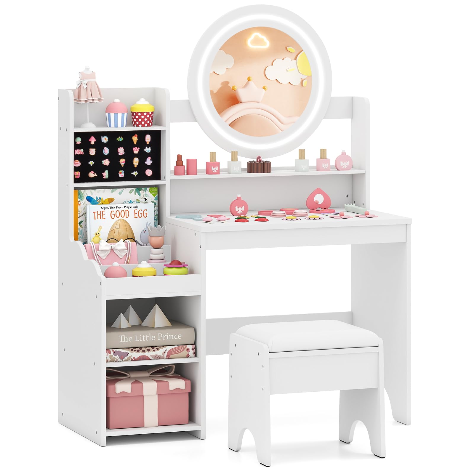 DREAMADE Kinderschminktisch mit LED-Spiegel & gepolstertem Hocker, Frisiertisch aus Holz mit Ringschlitzen, Regal & offenen Fächern, Prinzessin Kosmetiktisch für Mädchen ab 3 Jahren (Weiß)