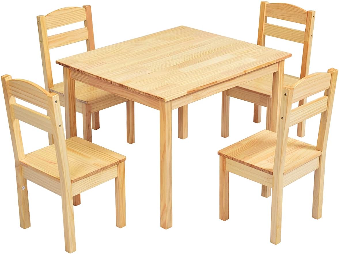 Kids Table with 4 Chairs, Wooden Children Desk & Chair Set, 5-Piece Toddler Activity Furniture for Playing, Learning and Eating (Natural)