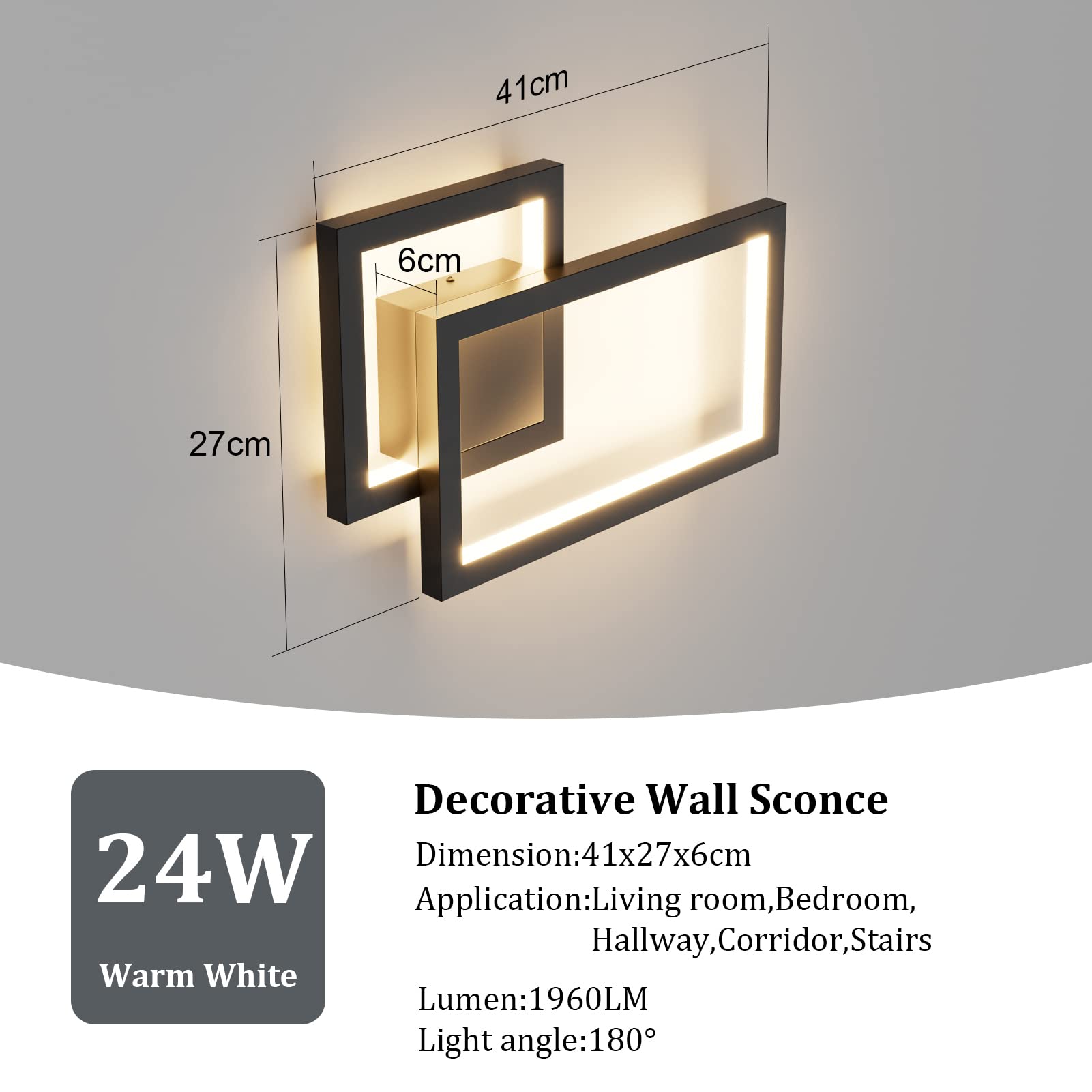 Klighten 24W LED Wandleuchte Innen,1960 Lumen, 41cm, Mordern Dekorative Wandlampe, Wandbeleuchtung Für Schlafzimmer Wohnzimmer Treppe, Warmweiß 3000K, 110-240V, Schwarz