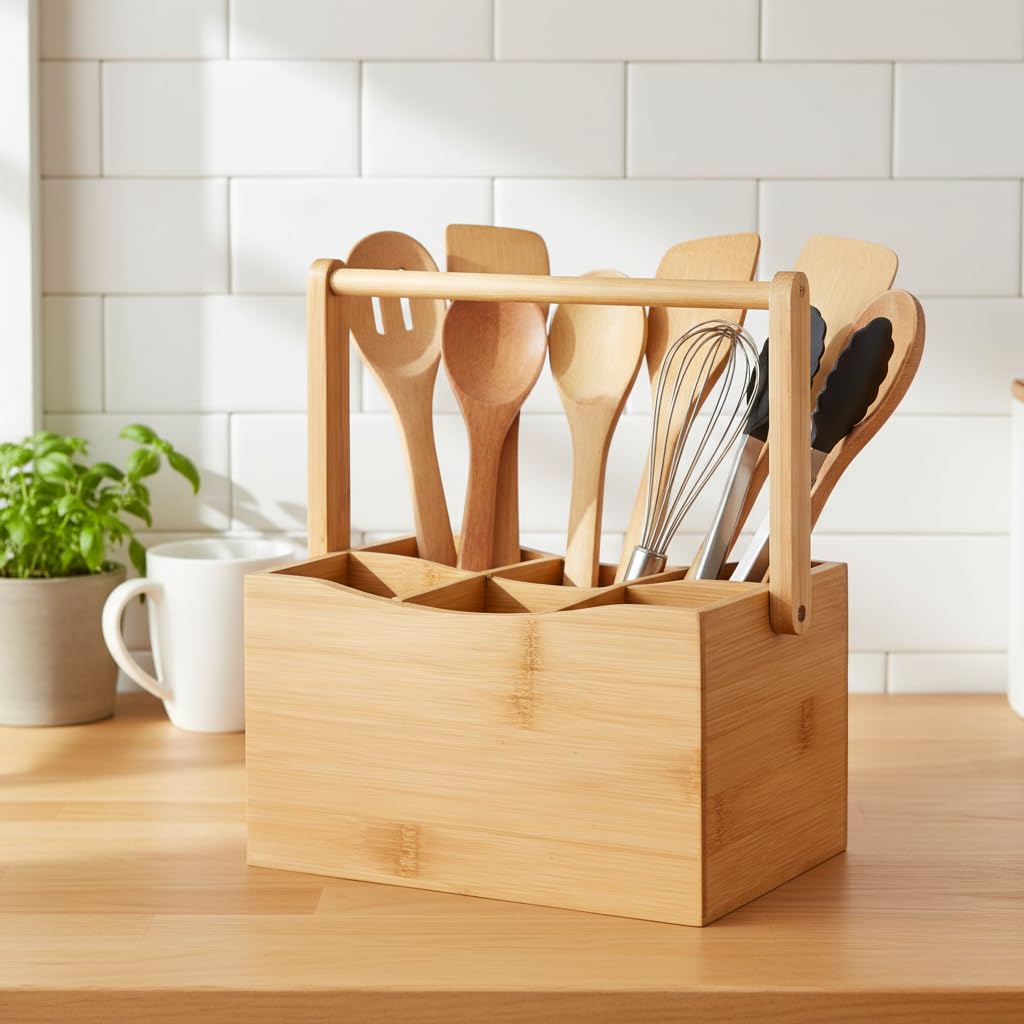 Deconox Bambu Taşıma Kulplu Çok Amaçlı Düzenleyici - 6 Bölmeli Çatal Bıçaklık | Ofis, Banyo ve Masaüstü Caddy Organizer (21.6x14x12.7 cm)