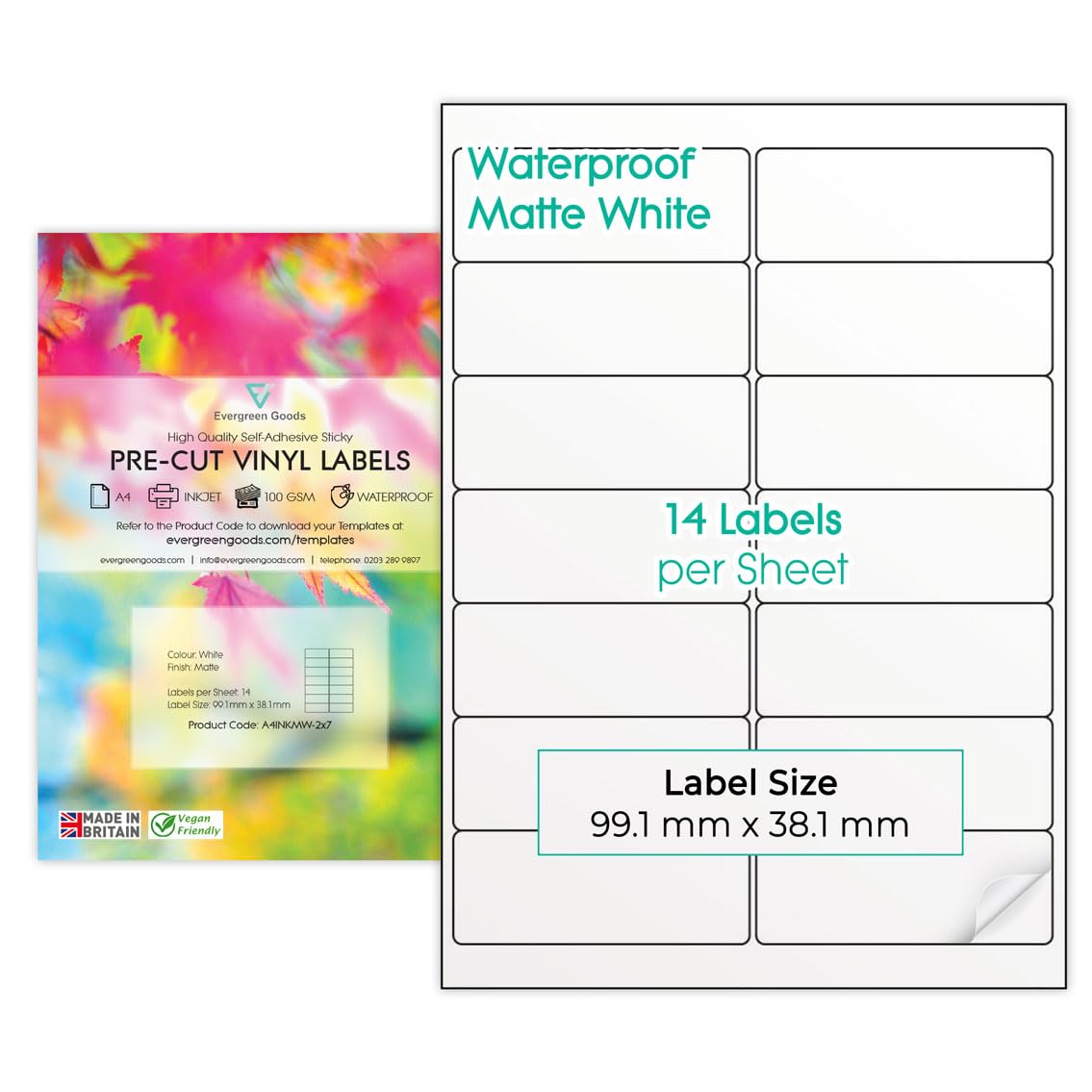Precut Printable Waterproof Vinyl Labels Stickers A4 Sheet (2x7 (14 per Sheet), 100 Sheets) | 9 Label Size Variations | Matte White A4 Labels Sticker Paper | Inkjet & Laser Printable