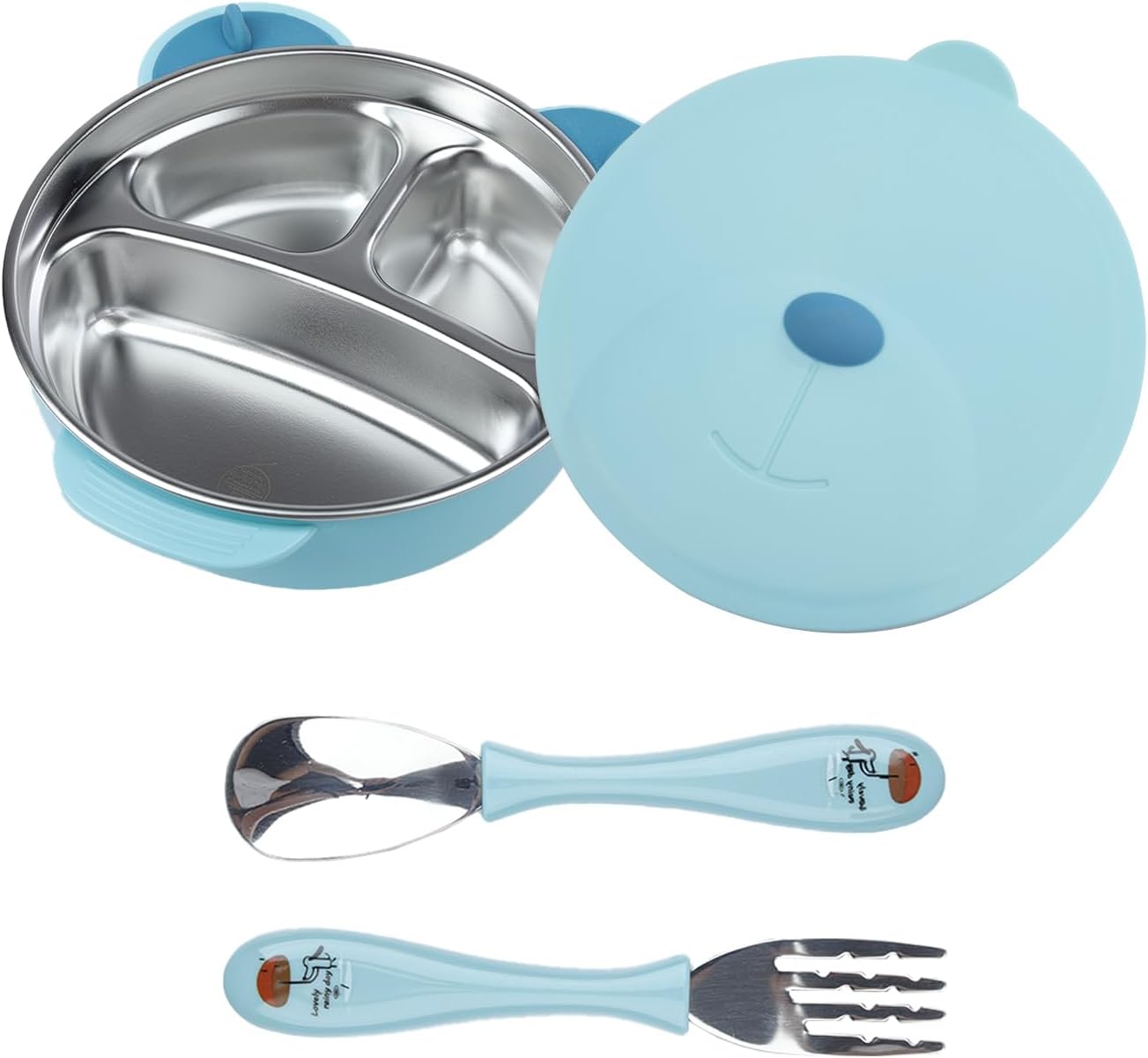 Stainless Steel Baby Feeding Bowl, Toddler Suction Plate with Lid Spoon and Fork, Perfect for Children (Blue)