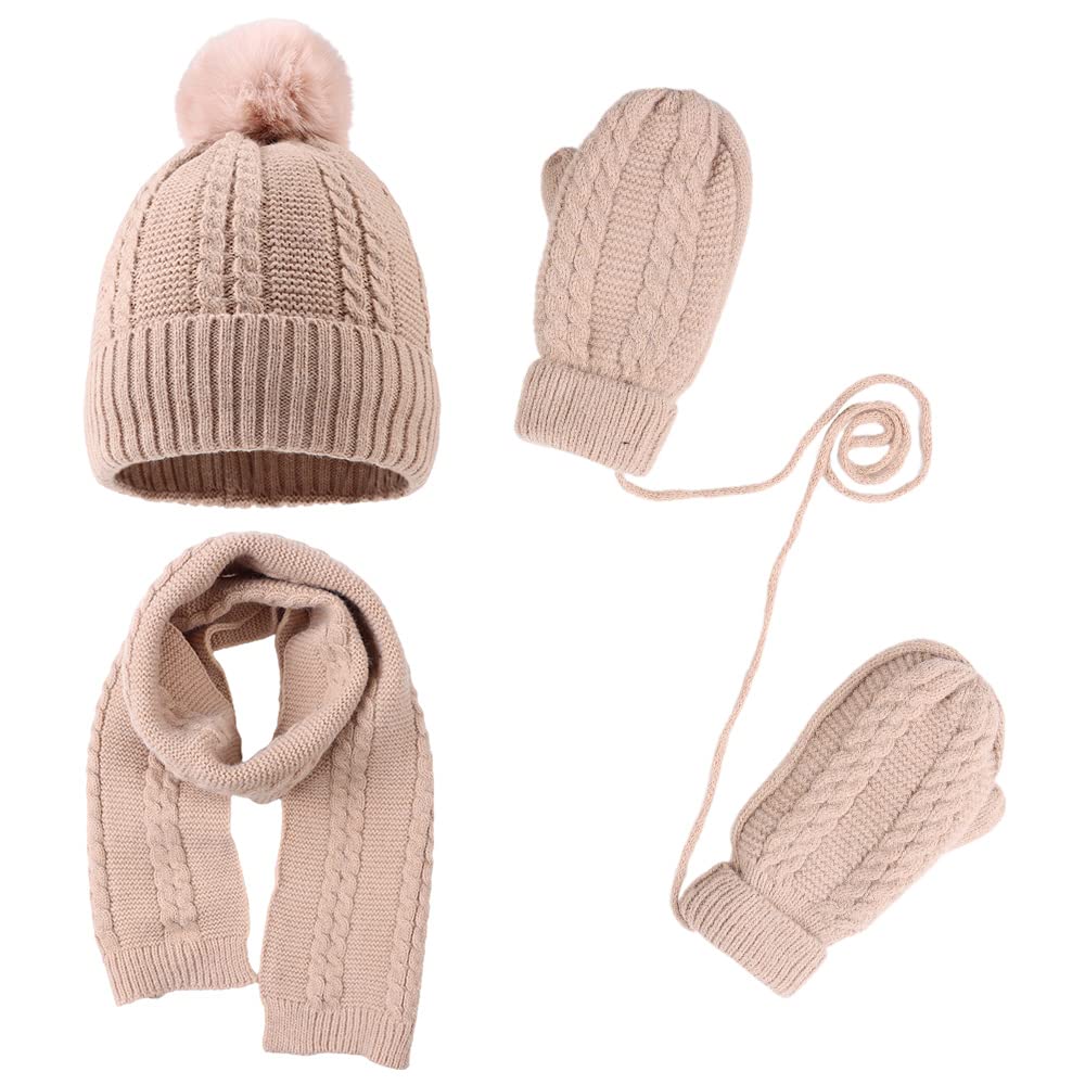 Kids Winter Hat Scarf Mittens Set Toddler Knitted Beanie Girls Fleece Children Neck Warmer Boys Warm Gloves 2-7 Years