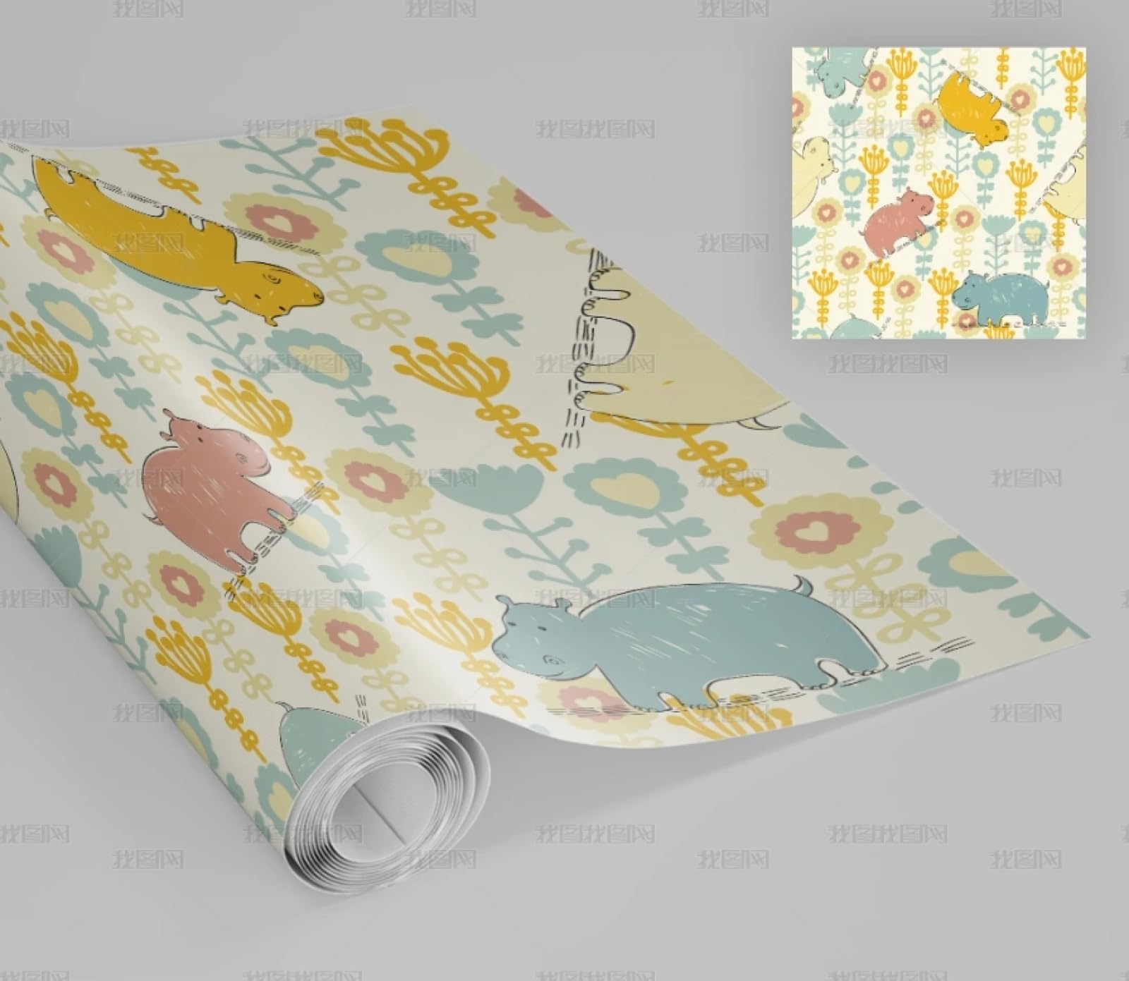 Papier peint autocollant vinyle imperméable protège meuble et mur motif fleur hippopotame