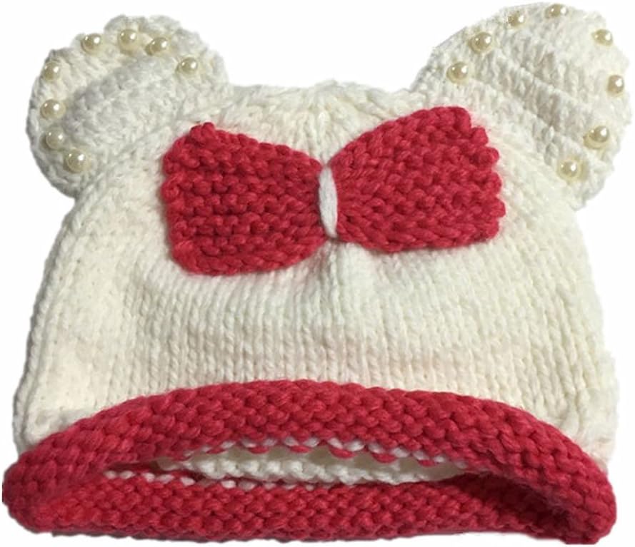 Cute cat Ears with Bow tie Beanie hat Winter Handmade Knitted Cap White