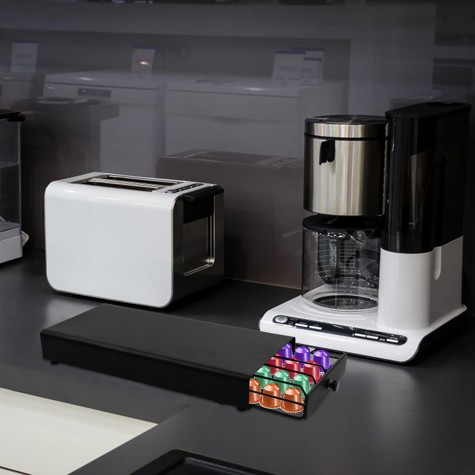 Volumoon Cajón para Almacenar Capsulas, Soporte para Cápsulas de Café Compatible con 40 Cápsulas Nespresso, Portacápsulas Metálico, Dispensador de Cápsulas de Cafe, 37.5 x 17.5 x 5 cm