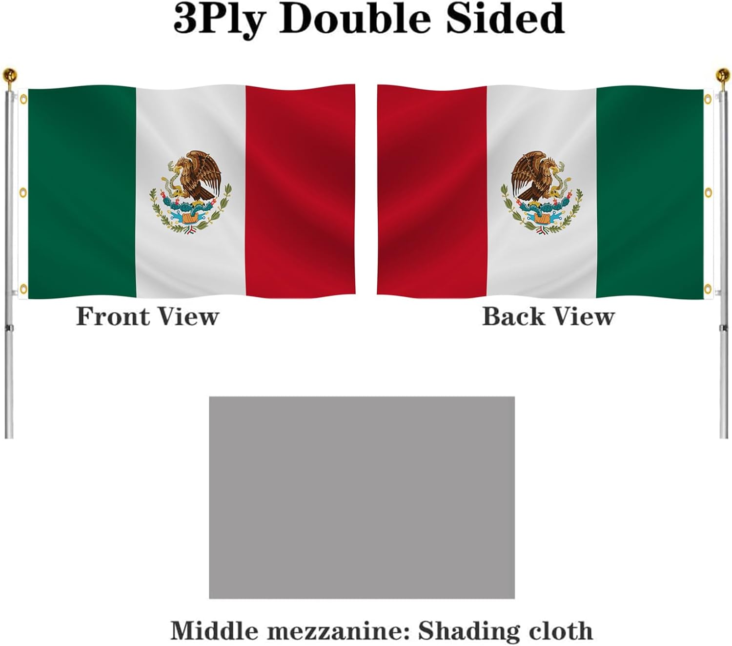 Double Sided Mexico Flag 5x8 FT Outdoor- UV Fade Resistant 3Ply Mexican National Flags Canvas Header with 3 Brass Grommets Easy to Rising - Image 2