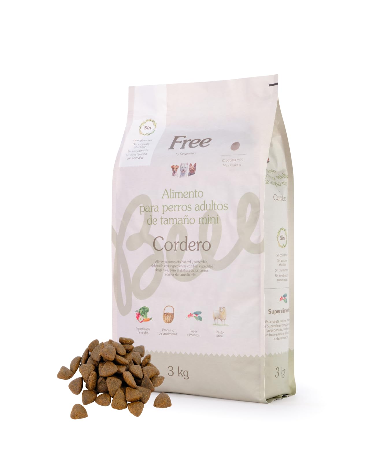 Free by Dingonatura. Pienso para Perros Adultos Mini, Alimentación Natural y Completa, con Superalimentos, Sin Cereales, 24% Proteína, con Cordero de Pasto (3 kg)
