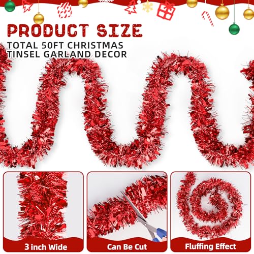 Image of 50FT Red Christmas Tinsel Garland, Metallic Twist Shiny Hanging Garland Ornaments for Xmas Tree Party Supplies Thick Thin Metallic Streamers for Indoor Outdoor Decor