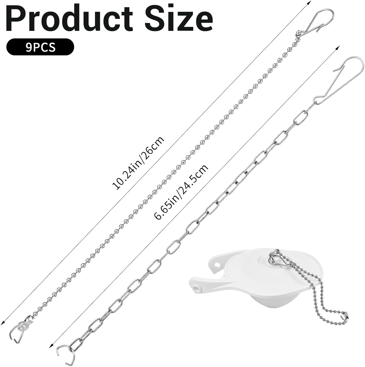 9 Pcs Toilet Handle Beaded Chains Toilet Flapper Chain with Hook and Ring Universal Stainless Steel Flapper Lift Chain Replacement Kit for Most Flappers, Silver 9.8/10.2 Inch