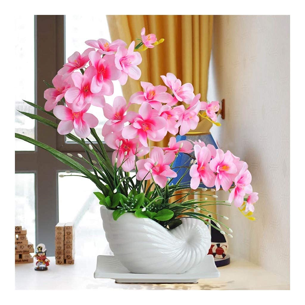 XDLEDMKIZ Realistic Artificial Flower Fashion Silk Flower with Porcelain Snails Vase, Phalaenopsis Artificial Flower Potted Plant Orchid Fake Flower Bouquet for Wedding H