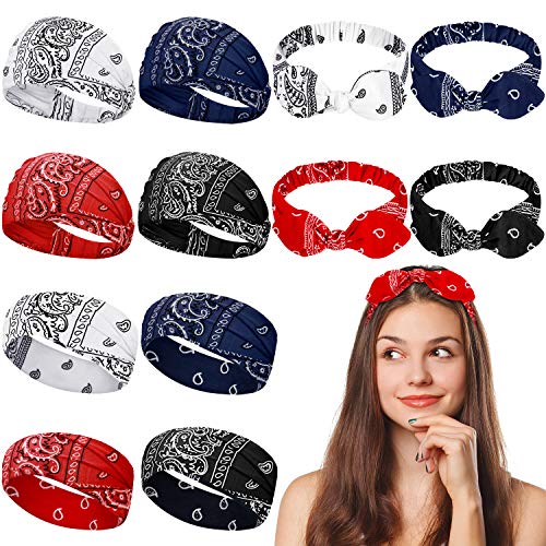 12 Pieces Yoga Headbands Elastic Paisley Bow Headbands Boho Bandana Knotted Headbands Wide Bandana Head Wrap Adjustable Colorful Hair Band for Women Girls (Boho Headbands without Buttons)