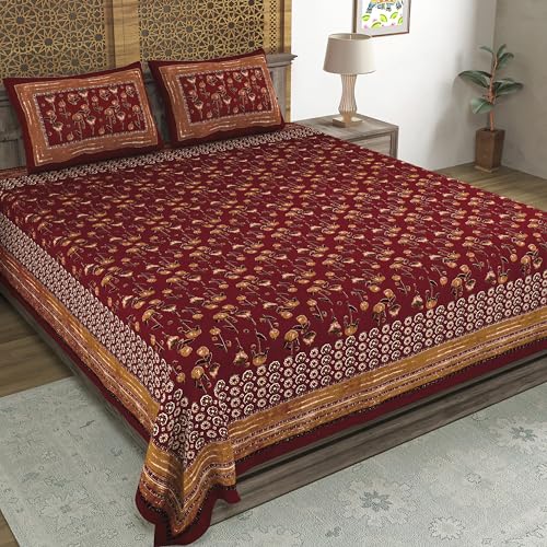 Image of BLOCKS OF INDIA Hand Block Printed 200 TC Cotton Super King Size Bedsheet(106 x 106) | Pack of 1, Batik Maroon