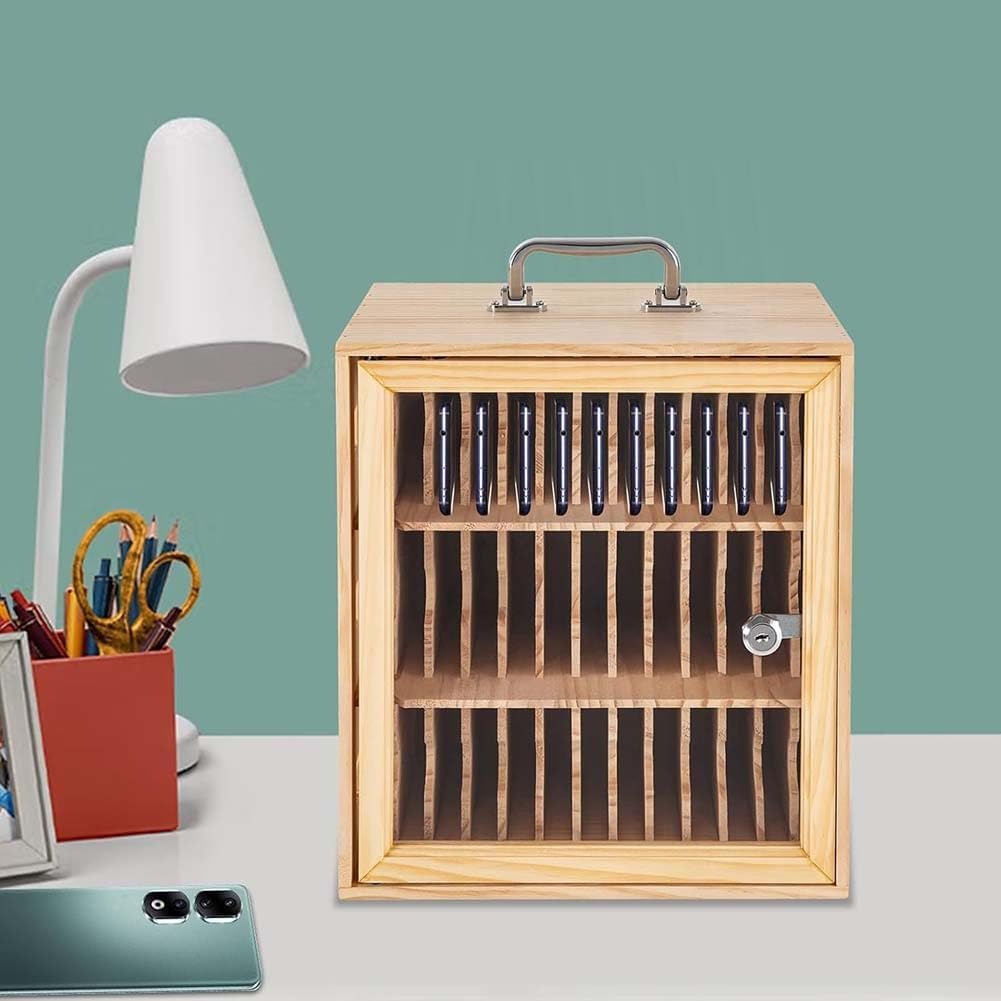 Wooden Cell Phone Locker Cabinet with Safety Lock & Handle, 36 Slot Organizer for Classroom & Office Storage, Secure Mobile Device Management Solution