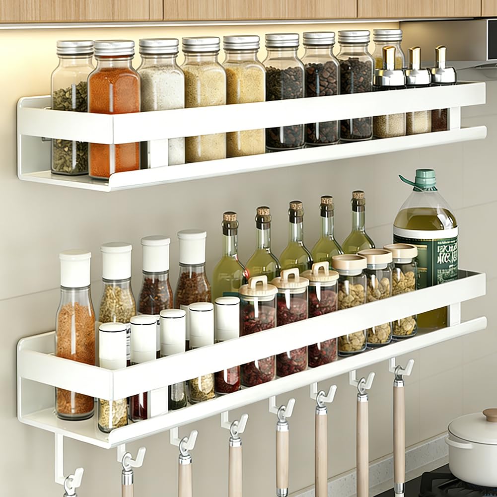 FARYODI Set di 2 portaspezie da parete senza fori, scaffale da cucina con 5 ganci, portaspezie da appendere, salvaspazio, elegante e stabile, facile da montare (bianco latte, 60 cm)