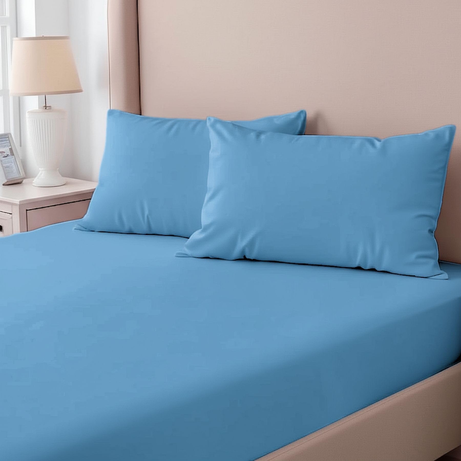 Parure de lit percale de coton bleu air grand lit 200 fils