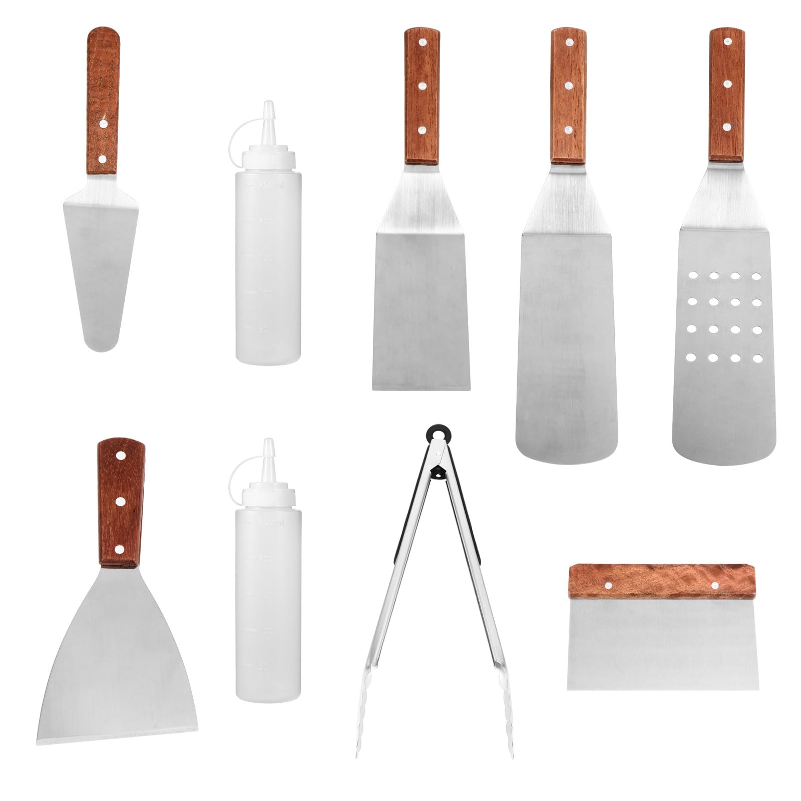 Set di Utensili per Barbecue in Acciaio Inox 9 Pezzi Leggero e Facile da Trasportare, per Cucina e Ristoranti Design Elegante Argento