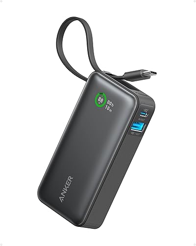 Anker Nano Powerbank,10.000mAh Powerbank mit eingebautem USB-C Kabel, PD 30W Höchstleistung mit 1x USB-C, 1x USB-A, kompatibel mit iPhone 15/14 Serie, MacBook, Galaxy, iPad, AirPods und mehr(Schwarz) - Schwarz