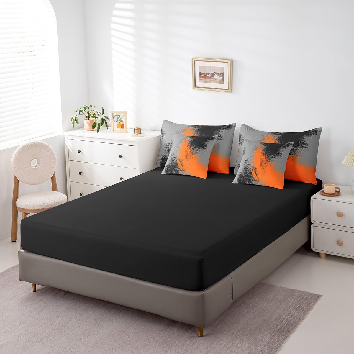 Feelyou Orange Grey Black 7 Piece Bedding Set Twin Size Kids Abstract Bed Set Includes Comforter, Sheet Set, Pillowcases & Pillow Covers Geometric 7 Piece Bedding Set Modern Art - Image 5