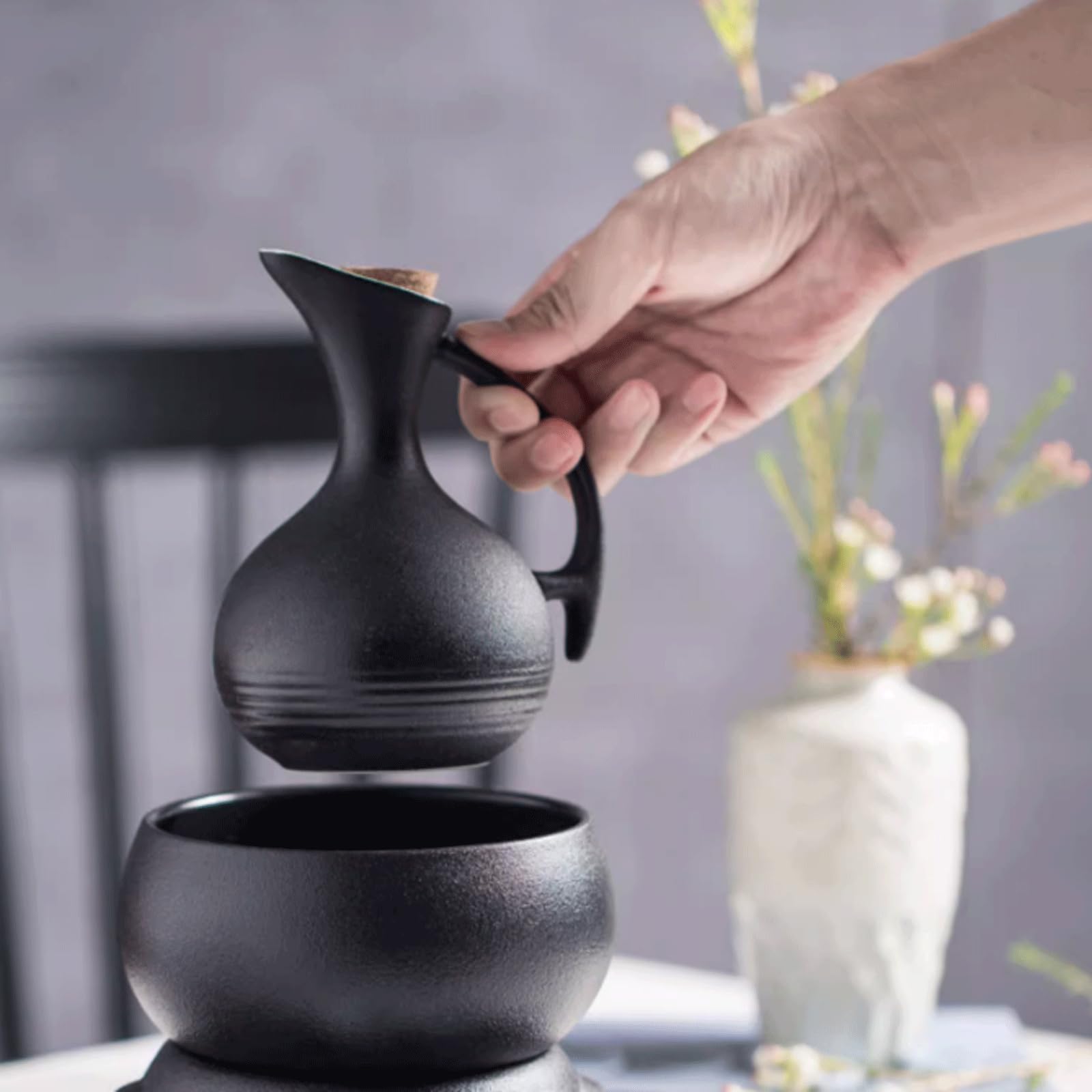esmen Ensemble de Tasses à saké Japonais, 5 pièces, avec 1 Bouteille de Service à saké et 4 Tasses à saké, Tasses en céramique, Verres à vin artisanaux